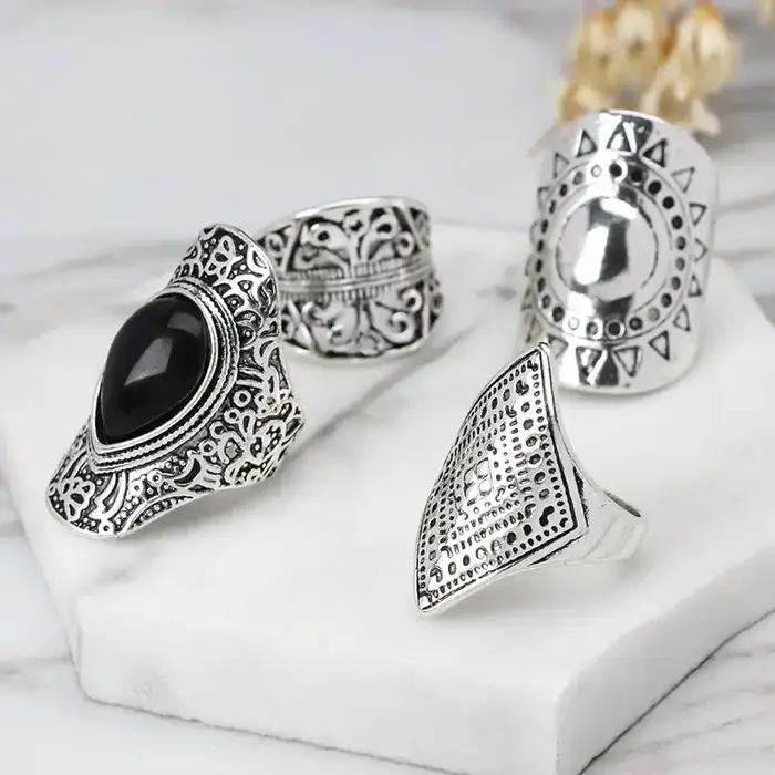 4 pièces/ensemble mode Vintage argent plaqué gitane Boho ethnique anneau creux sculpté strass Midi Knuckle anneaux femmes bijoux