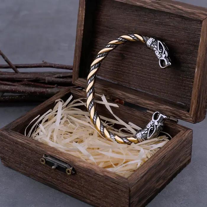 Bracelet Dragon nordique Viking en acier inoxydable pour hommes, manchette avec boîte en bois Viking