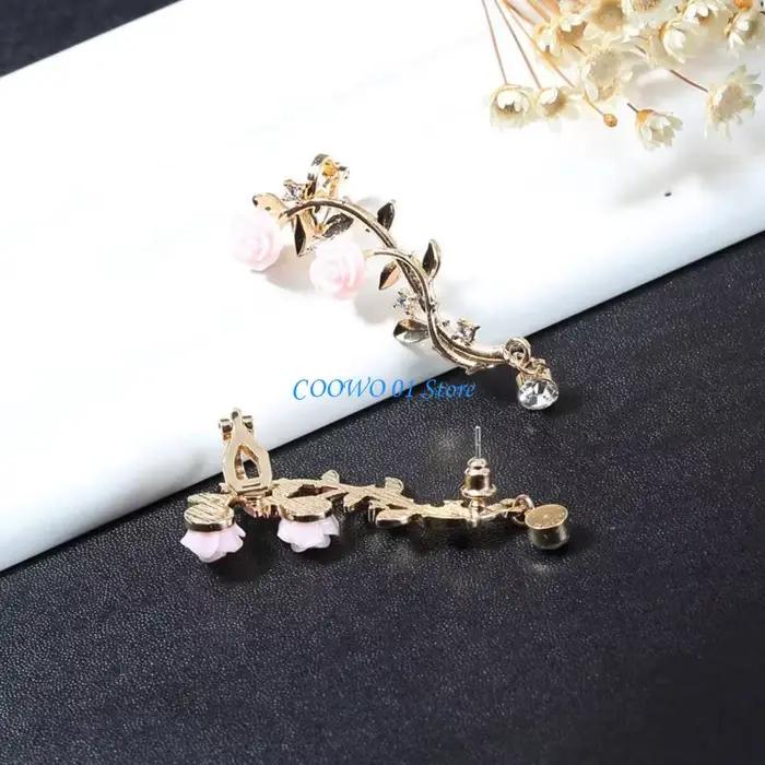 Boucle d'oreille Rose F19D, manchette élégante, fleur, Piercing, pour femmes, cadeau