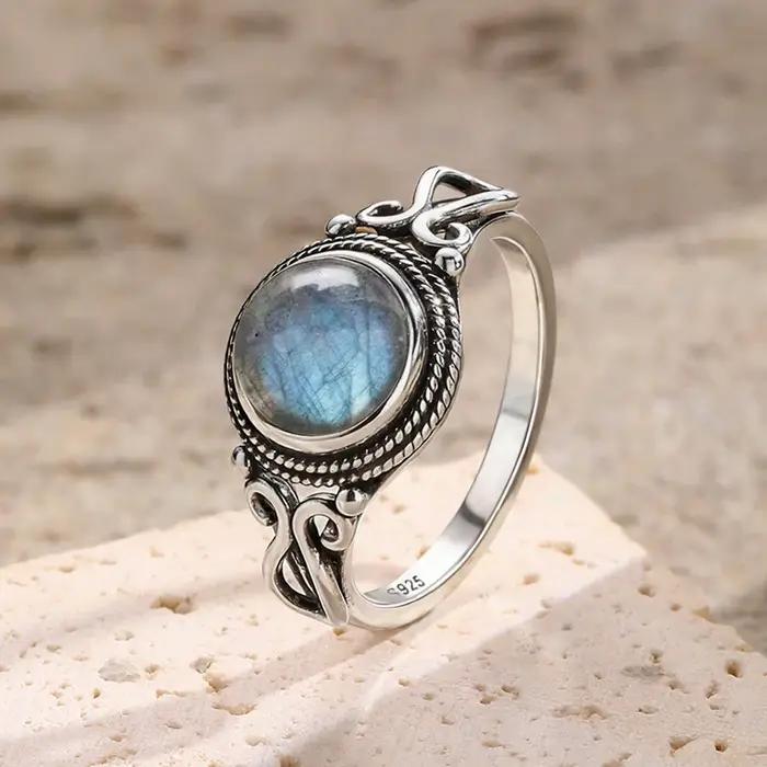 Bague Vintage en argent Sterling 925 avec pierre de Labradorite naturelle