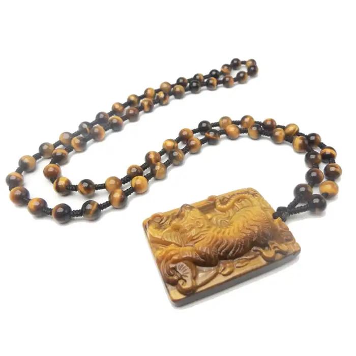Pendentif œil de tigre sculpté à la main, collier de guérison énergétique avec chaîne de perles, amulette porte-bonheur, bijoux en cristal pour femmes et hommes