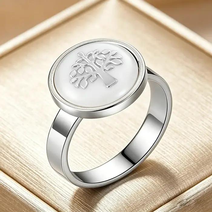 Bague Arbre de Vie en émail blanc et acier inoxydable, bijou tendance pour femme, cadeau d'anniversa
