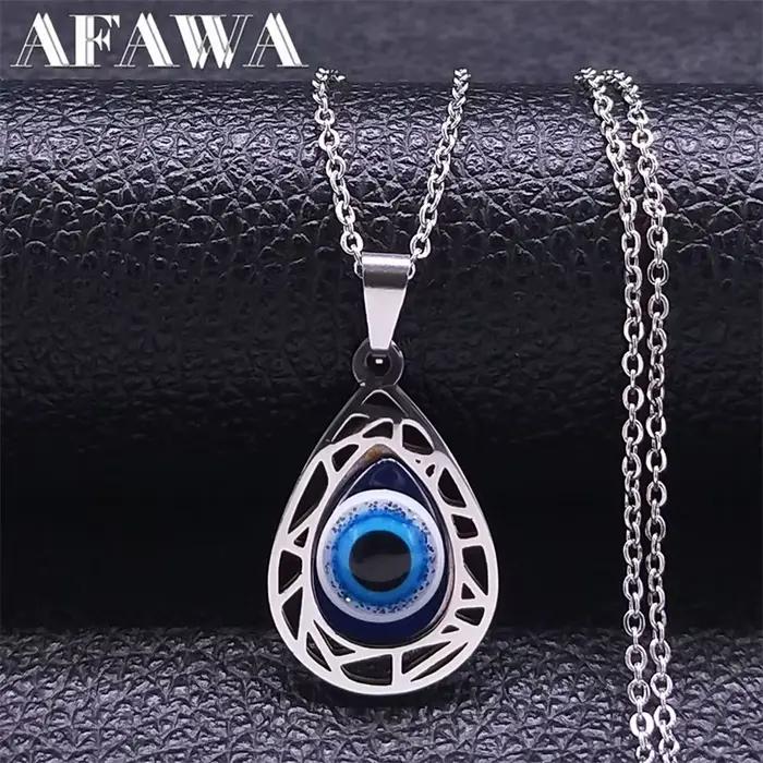 Collier avec pendentif mauvais œil bleu turc pour femmes et hommes, en acier inoxydable, couleur argent, yeux porte-bonheur, amulette, bijoux de Protection N8022S01