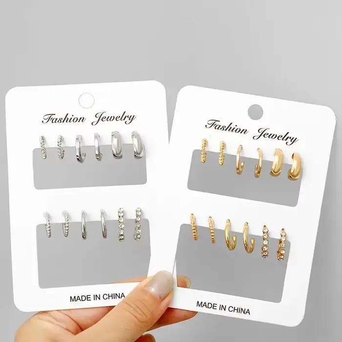 Boucles d'oreilles créoles en acier inoxydable pour femmes, cristal contre-indiqué, cercle en métal, piercing au cartilage géométrique, ensemble de bijoux, 6 pièces par ensemble