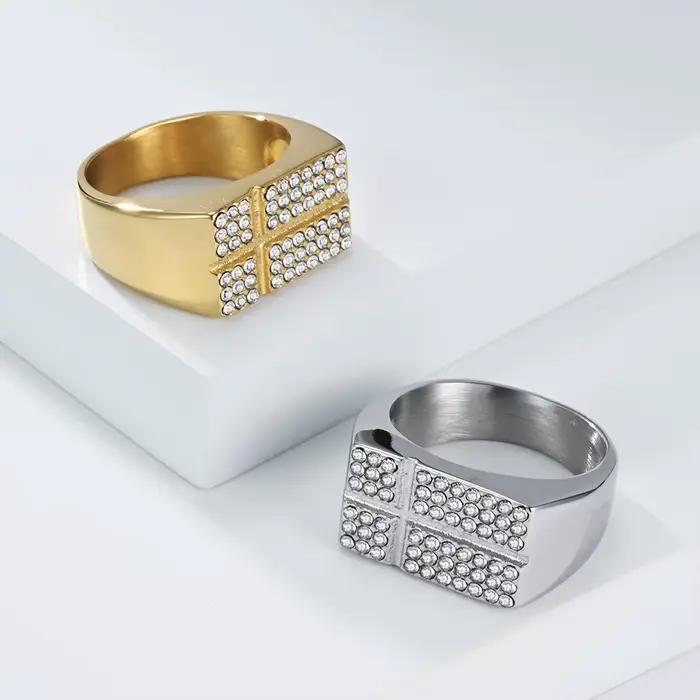 Bague Croix Luxe Plaqué Or 18K en Acier Titane Premium avec Micro-Pavé de Diamants de Laboratoire, Bijoux Hip Hop pour Hommes 2026