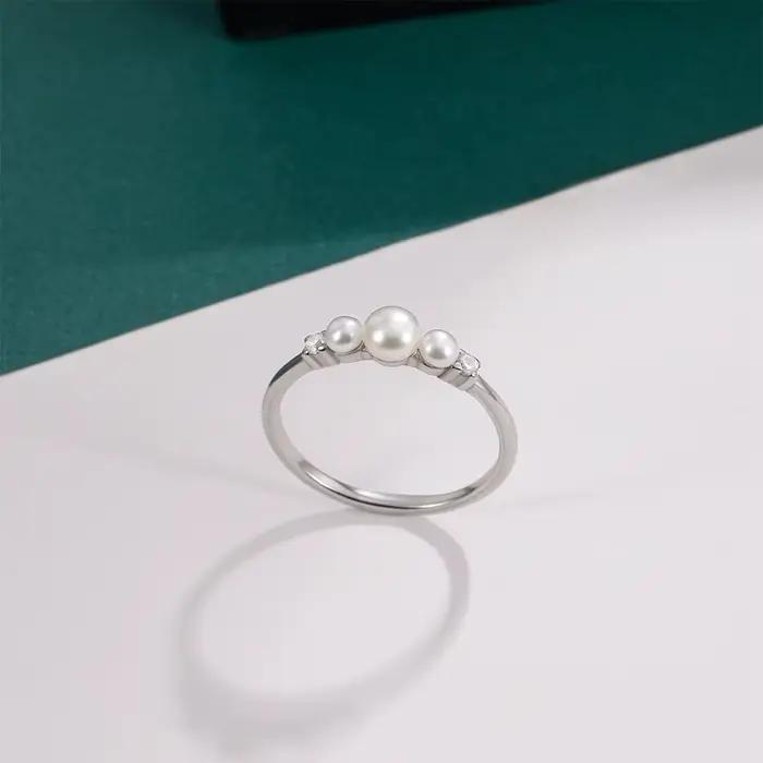 Bague en argent sterling 925 avec trois perles parfaitement rondes et zircone cubique pour femmes, bijou luxueux pour occasions spéciales, mariage, fiançailles, anniversaire et soirée