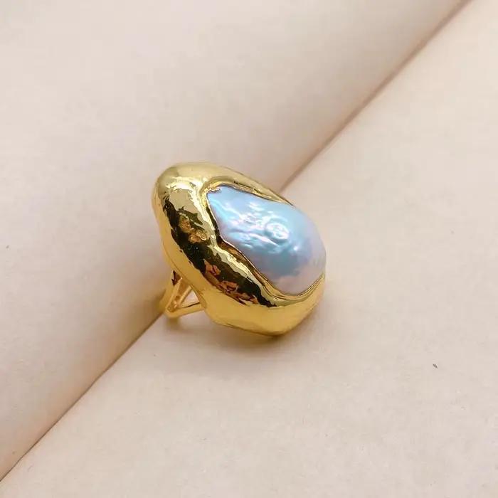 Bague plaquée or perle baroque blanche cultivée, taille réglable, 3 pièces