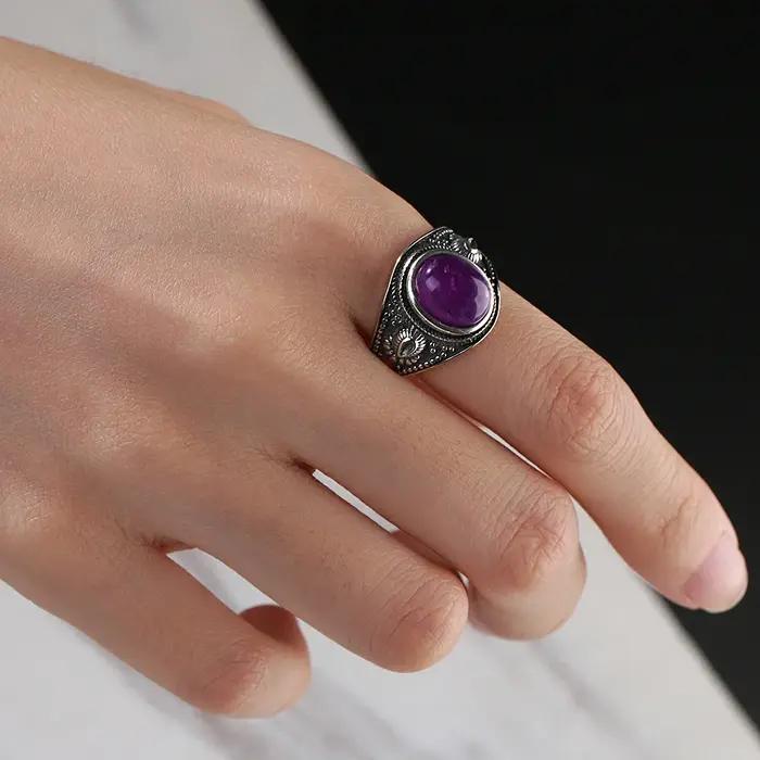 Bague en argent naturel sertie d'améthyste pour femmes, style punk, cadeau d'anniversaire, mariage, engagement, bijou de qualité supérieure