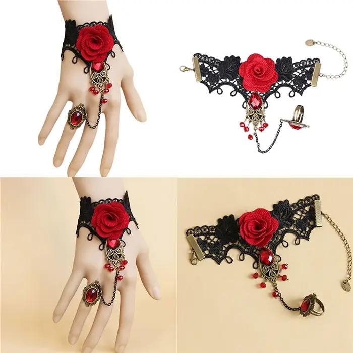 Bracelet Rose Rouge en Dentelle de Style Gothique Élégant