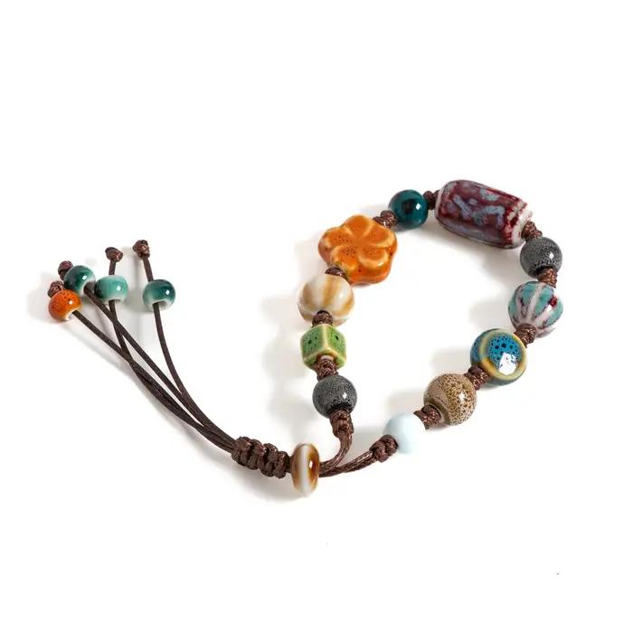 Bracelet de perles en céramique fait à la main réglable Boho tissé bijoux Vintage Style ethnique cadeau pour femmes accessoires mode et artisanat occasions spéciales