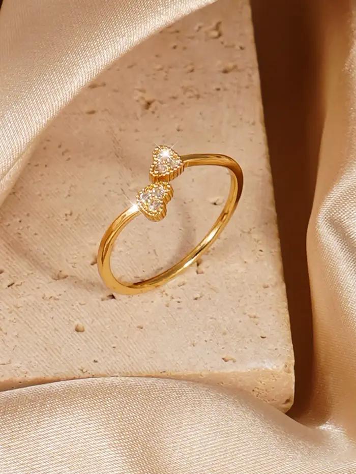 Bague élégante réglable à double cœur sertie de diamants
