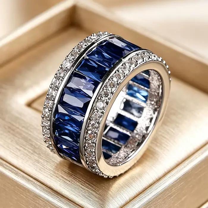 Bague éternité pour femme, couleur bleu cristal, ton argenté, entièrement pavée de CZ, bijoux de déclaration pour mariage et fiançailles
