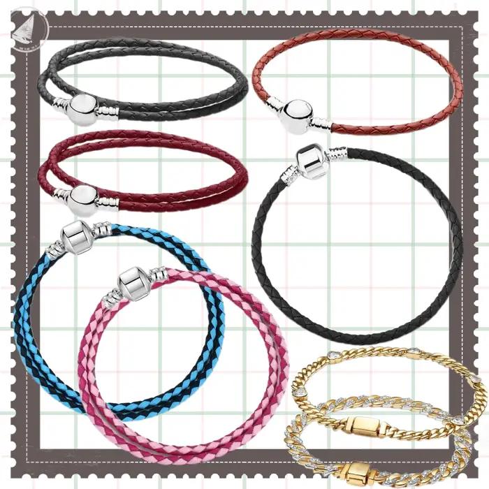 Bracelet en cuir avec perles rondes en argent pur S925
