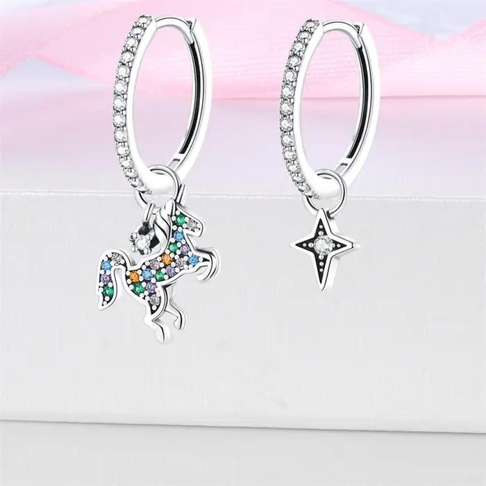 Boucles d'oreilles licorne arc-en-ciel en argent 925 pour femmes, pierres précieuses scintillantes, bijoux romantiques et mignons, occasions spéciales, anniversaires, fiançailles