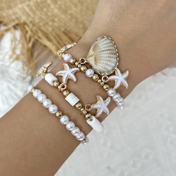 Ensemble de bracelets de luxe en perles d'imitation Heishi pour femmes, délicat, avec étoile de mer