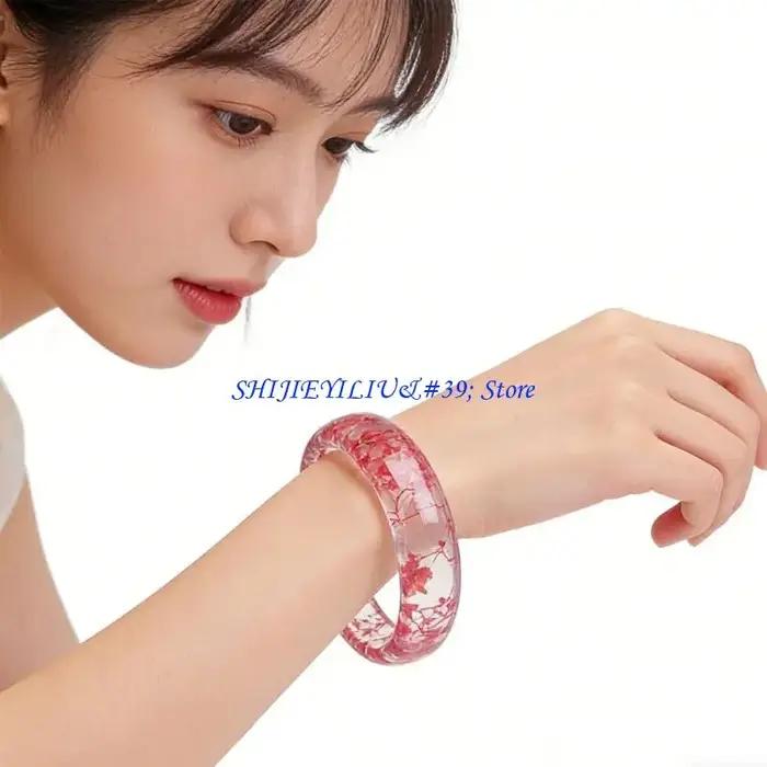E21F – bracelet élégant en résine avec fleurs préservées pour femmes