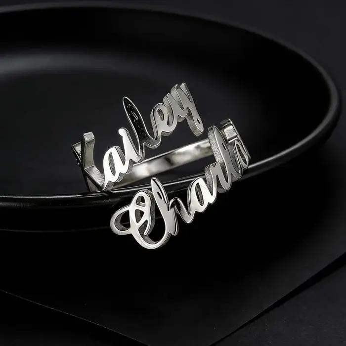 Bague de Couple personnalisée avec Double premier nom, pour femmes et hommes, cadeau de famille personnalisé, couleur or Rose, bijoux d'amour en acier inoxydable