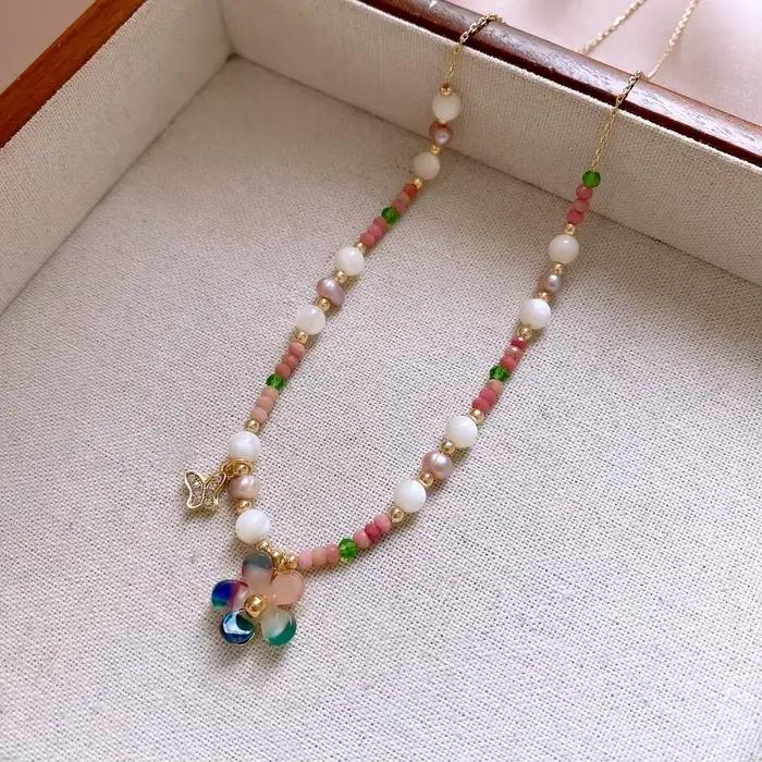 DREJEW Beizhu pierre rouge perles fleurs papillon collier pour femmes Dopamine vacances Style doux luxe concepteur bijoux