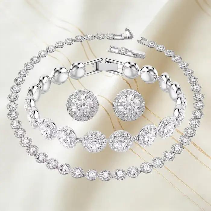 Nouvel ensemble de bijoux en cristal rond 2026 | Coffret Cadeau Luxe 4 Pièces pour Femme (Collier,