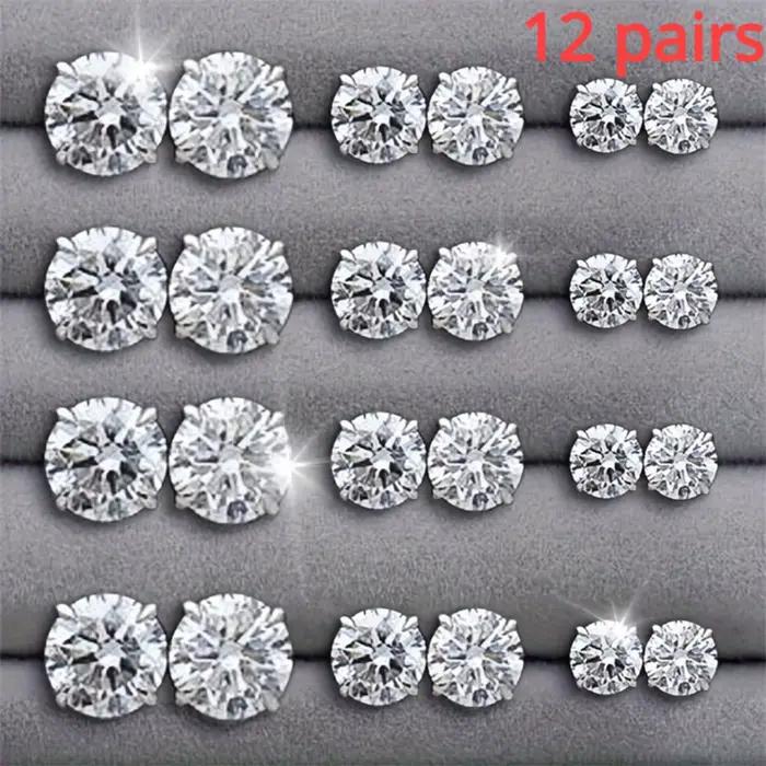 Ensemble de 12 paires de boucles d'oreilles en acier inoxydable avec zircon, boucles d'oreilles rondes, bijoux de mode unisexe, cadeaux