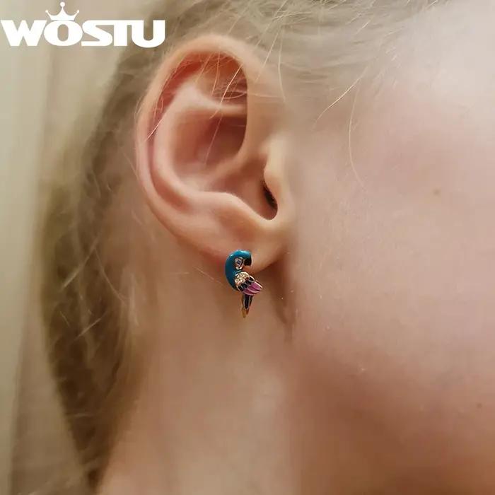 WOSTU 925 en argent Sterling arc-en-ciel perroquet boucles d'oreilles pour les femmes mignon animal de compagnie oiseau CZ oreille Clips fille anniversaire bijoux cadeau de famille