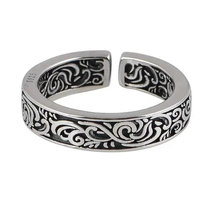 Bague en argent sterling 925 réglable avec motifs rétro pour femme et homme