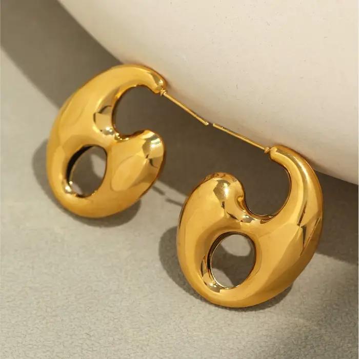 Boucles d'oreilles creuses en forme de grain de café, en acier inoxydable plaqué or 18 carats, imperméables, ne ternit pas, grosses boucles d'oreilles pendantes pour femmes