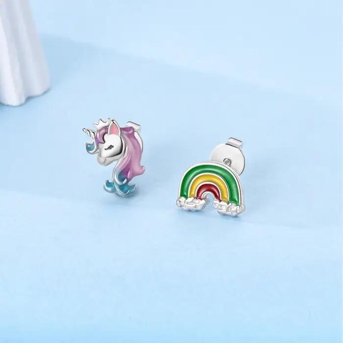 Boucles d'oreilles licorne arc-en-ciel en argent 925 pour femmes, pierres précieuses scintillantes, bijoux romantiques et mignons, occasions spéciales, anniversaires, fiançailles