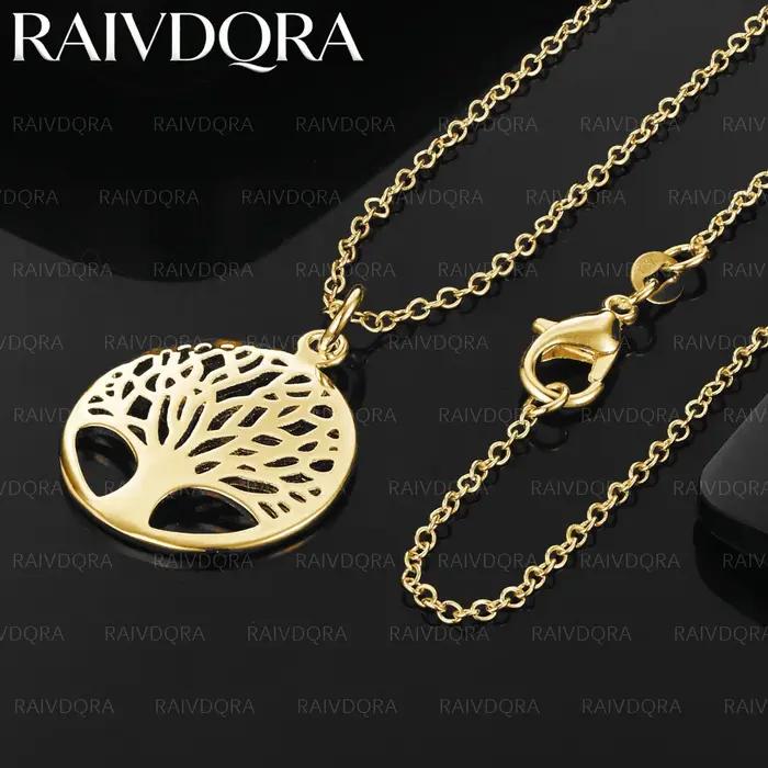 Collier pendentif arbre rond plaqué or 18 carats pour femmes et hommes