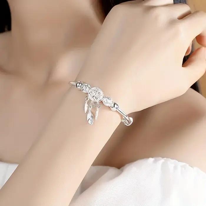 Bracelet en argent Sterling 925 attrape-rêves perles feuilles pompon élégant pour femmes occasions spéciales cadeau