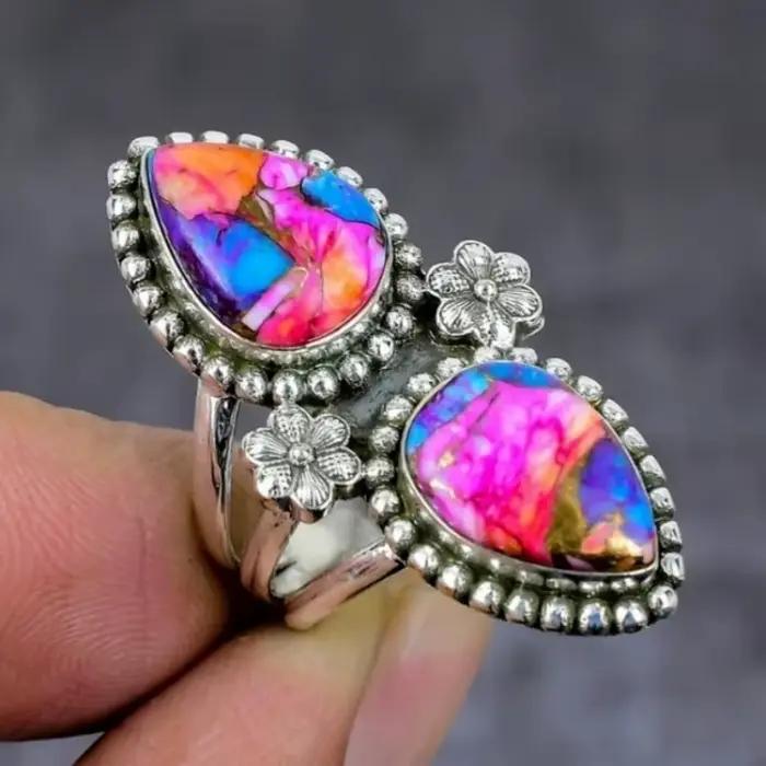 Bague en turquoise synthétique en forme de goutte d'eau de style bohème pour femme, bijoux vintage exquis pour banquets et vacances, accessoires artisanaux
