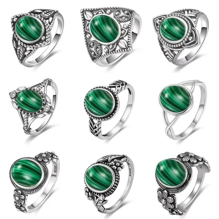 Bague vintage en argent sterling S925 sertie de malachite naturelle pour femmes et hommes occassions spéciales partis soirée élégante