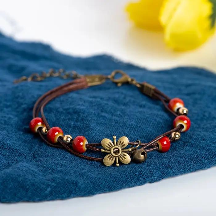 Bracelet de perles en céramique fait à la main pour femmes, style Boho, fleur et cloche réglables, b