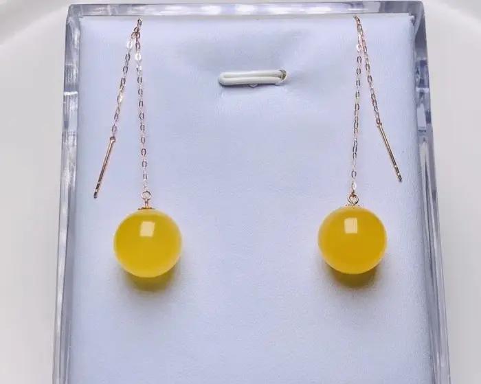 Boucle d'oreille pendante en or véritable massif 18 carats, certifiée à la main, avec perles d'ambre