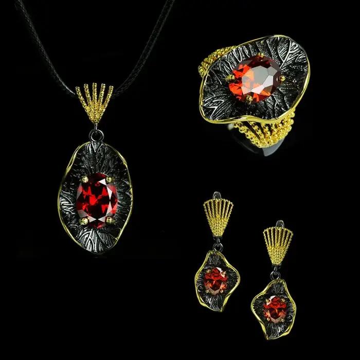 Ensemble de bijoux de forme narpour femme, 3 pièces, bague, collier, boucles d'oreilles, or noir, mo