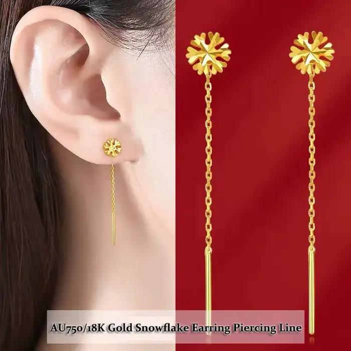 Boucles d'oreilles pendentif flocon de neige pour femme, véritable or 18 carats, ligne de piercing, bijoux fins, cadeaux de bijoux haut de gamme, AU750