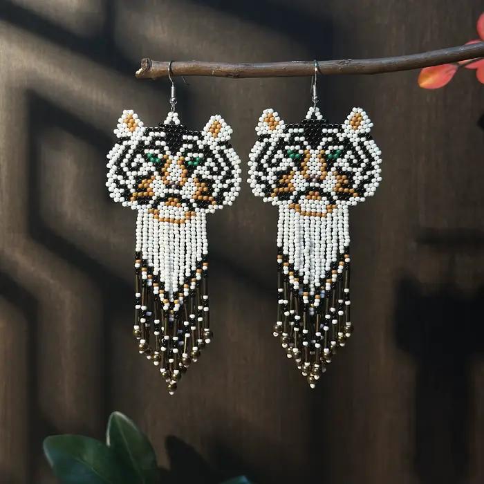 Boucles d'oreilles tigre créatives faites à la main, bijoux bohème à franges perlées, boucles d'orei