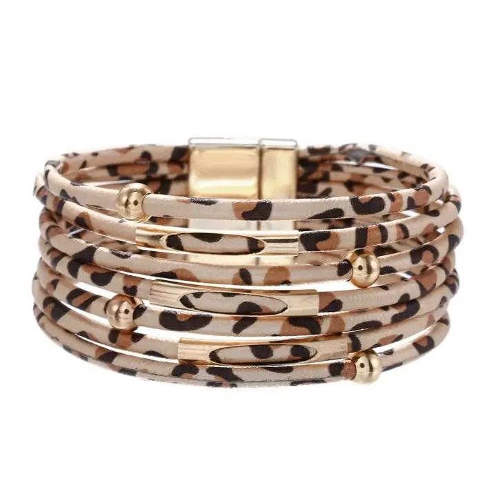 Bracelet en cuir imprimé léopard rétro en métal