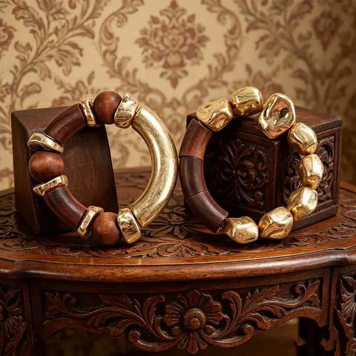Ensemble de bracelets bohèmes en bois et perles dorées, deux pièces, bijoux empilables pour femmes,
