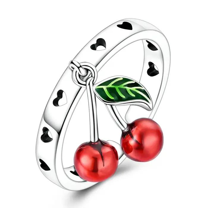 Bague ouverte en argent sterling 925 avec cerise mignonne et cœur en émail rouge, réglable, délicate