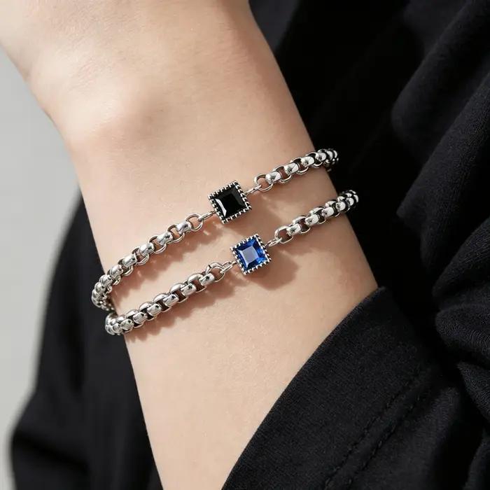 Bracelet à chaîne en Zircon carré bleu et noir brillant pour femmes et hommes