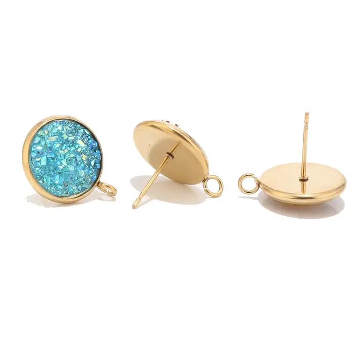 10 pièces 12mm ronde résine Druzy acier inoxydable pierre Post boucles d'oreilles résultats avec boucle or