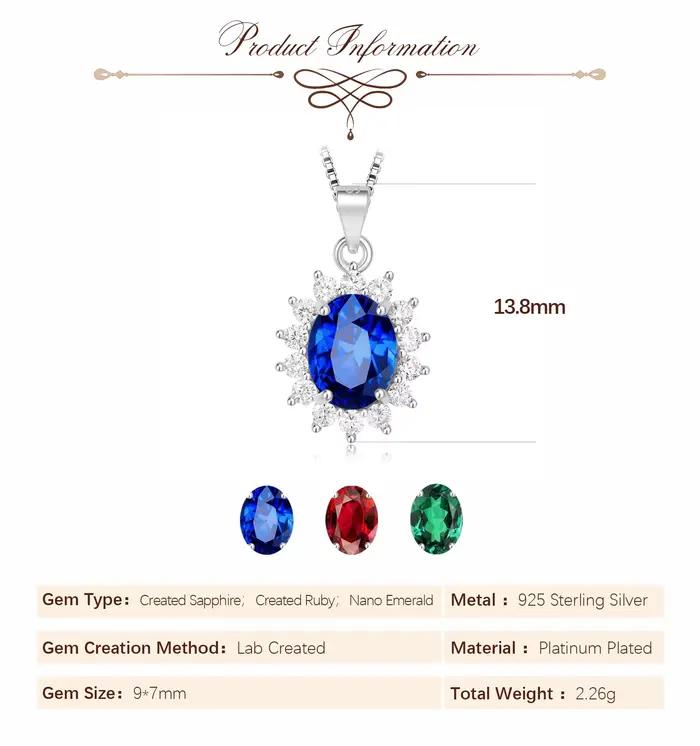 Collier pendentif Potiy ovale 2,67 ct en saphir, rubis et émeraude synthétiques Diana, sans chaîne, en argent sterling 925, bijoux de fête pour femme