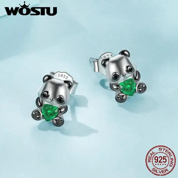 WOSTU 925 en argent Sterling belles boucles d'oreilles Panda avec coeur vert cristal ours rose boucle d'oreille de fête fille anniversaire bijoux cadeau
