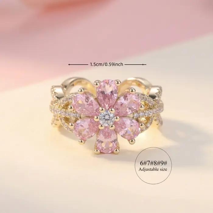 Bague en or avec fleur rose pour femmes, bijoux ajustables en Zircon brillant, cadeau pour femme, petite amie, fille, fête, usage quotidien, bague de mariage
