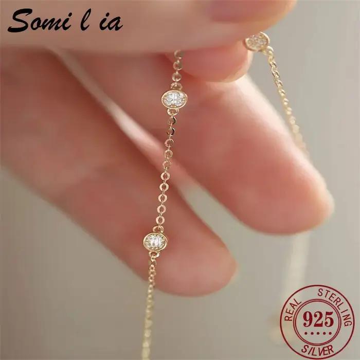 Somilia 925 argent Sterling 5A Zircon rond 14K plaqué or Bracelet à breloques pour les femmes classique minimaliste bijoux fins cadeau de maman