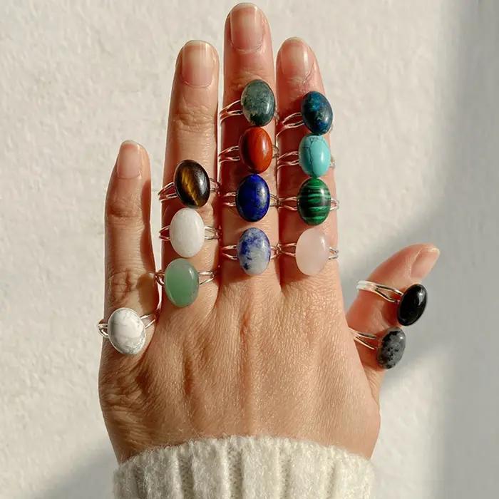 Cabochon pierre naturelle anneau 10*14MM ovale Agates Turquois quartzs gemme bague couleur argent réglable anneaux ouverts bijoux cadeau