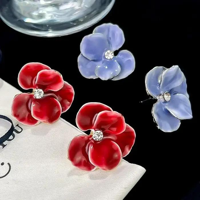 LATS rouge bleu émail fleur boucles d'oreilles pour femmes mode coréenne cinq pétales cristal fleuri belle filles mignonnes décoration d'oreille