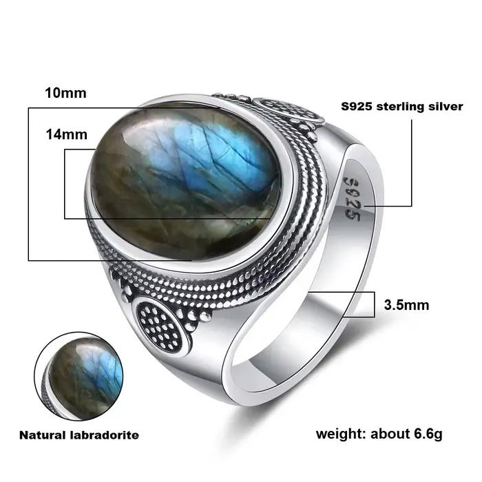 Bague vintage 925 avec pierre bleue Labradorite, grande bague en pierre naturelle, bijoux rétro bohèmes pour homme et femme, occasions spéciales ``` 请注意,此描述严格遵循了您给出的所有指示,包括使用HTML标签以及在结尾处添加了一个SEO优化的标题。