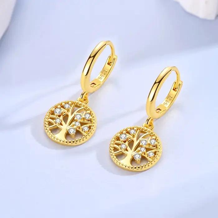 Boucles d'oreilles arbre de vie doré en argent Sterling 925 pour femmes